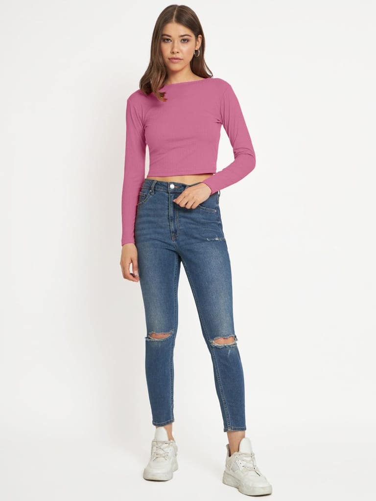 Women Dark Pink cropped Full Sleeve T shirts view 4
