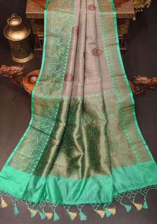 Gray Brown Banarasi Tussar Silk Saree with Antique tone Zari buttas and border | SILK MARK CERTIFIED