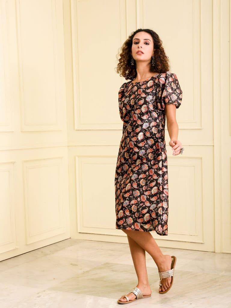 WOMEN BLACK WITH MULTI COLOR PRINTED BLENDED SILK A-LINE KURTA view 2