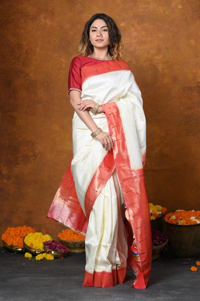 Prestige~Handloom Pure Silk Muniya Border Saree WIth Handcrafted Peacock Pallu - Blooming White view 2