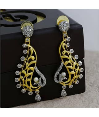 The Jewelbox American Diamond Pearl Gold Plated Filigree Dangling Earriing