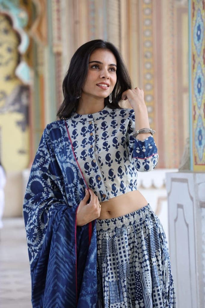 Cotton Lehanga Handblock Printed Light Periwinkle Blue Color and Top With Mulmul Dupatta (Size 34-46)-6077 view 2