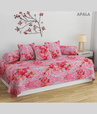 Apala Cotton Floral Diwan Set 6 Pcs - Pink