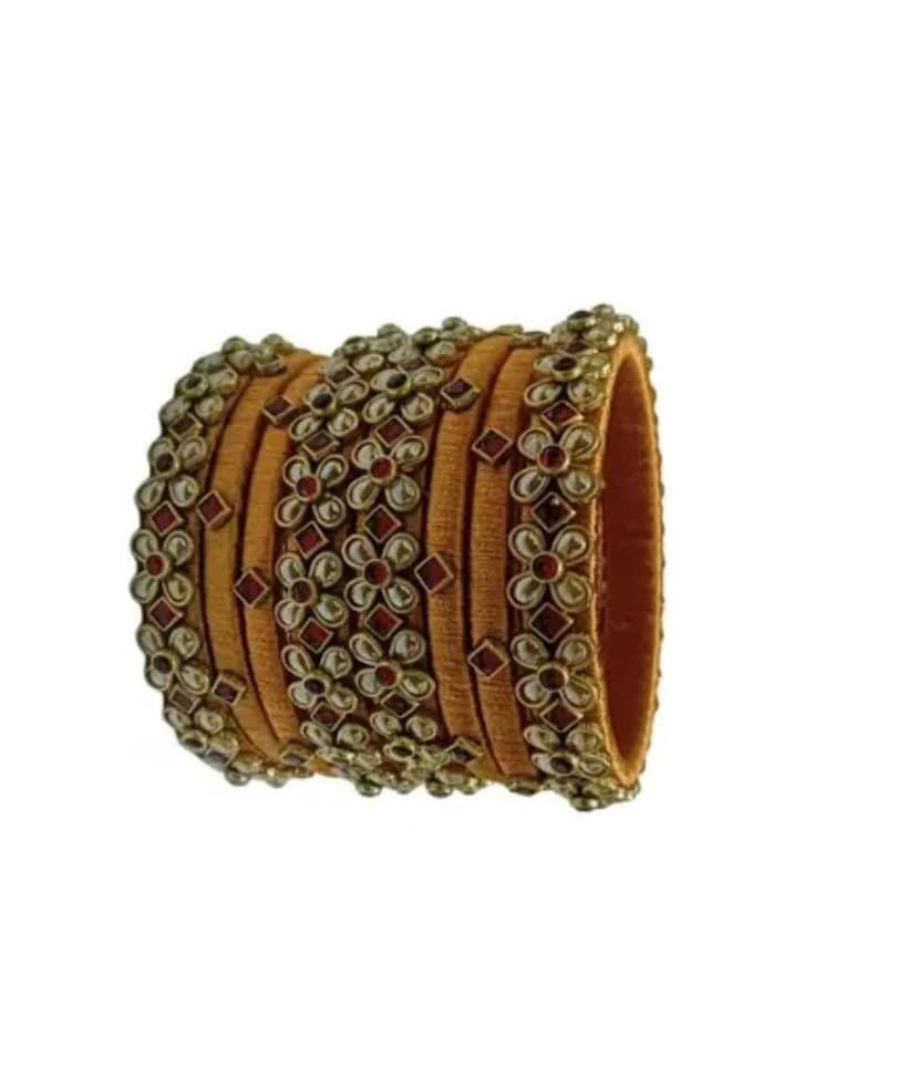 Set of 8 Silk Thread Bangles with Stone and Pearl Embellishment in Golden Yellow view 2
