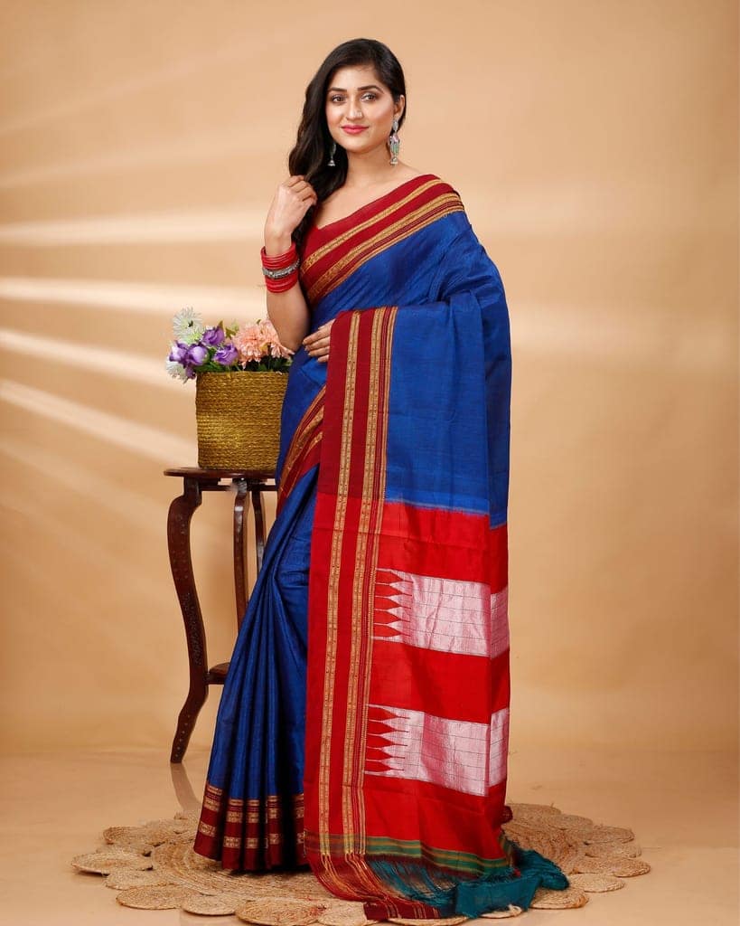 ILKAL Handloom Cotton Silk Saree Navy Blue Color with running blouse-1392 view 2