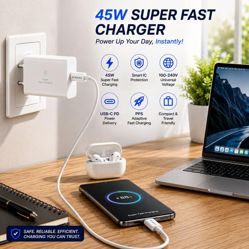 Tarendra 45W Super Fast Charger with USB C to USB C 120W PD Cable | Type C Fast Charging Adapter | PD PPS QC Support | Compatible with Samsung Galaxy S25/S24/S23/S22 Ultra, A56, A36, Nothing, Pixel, iPhone 16/15 Series (White) view 7