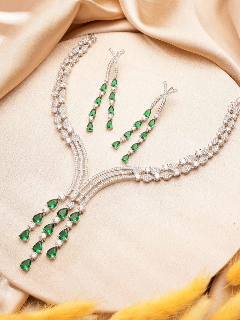 Silver Toned Emerald Green Zircon AD Studded Layered Bridal Drop Designer Statement Necklace Jewellery Set view 3
