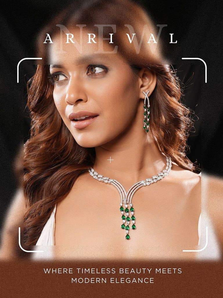 Silver Toned Emerald Green Zircon AD Studded Layered Bridal Drop Designer Statement Necklace Jewellery Set view 4