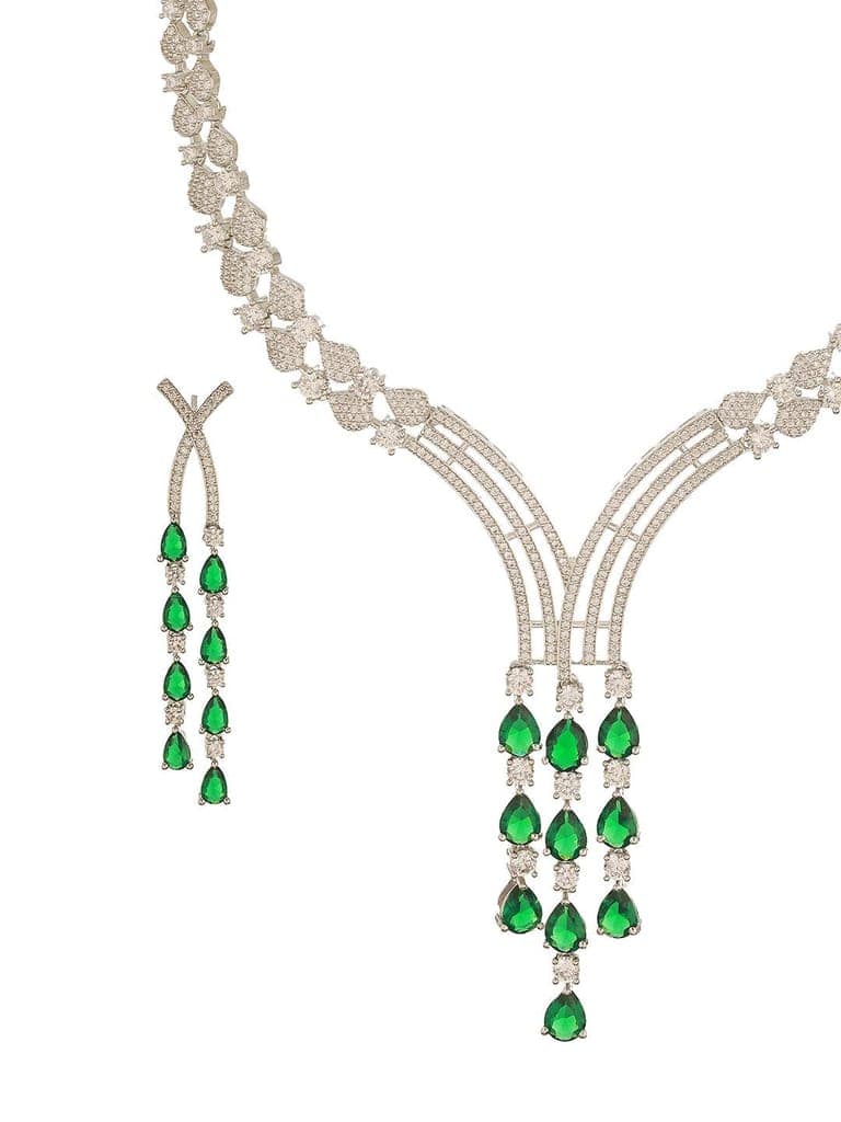 Silver Toned Emerald Green Zircon AD Studded Layered Bridal Drop Designer Statement Necklace Jewellery Set view 7