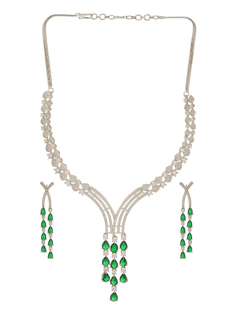 Silver Toned Emerald Green Zircon AD Studded Layered Bridal Drop Designer Statement Necklace Jewellery Set view 8