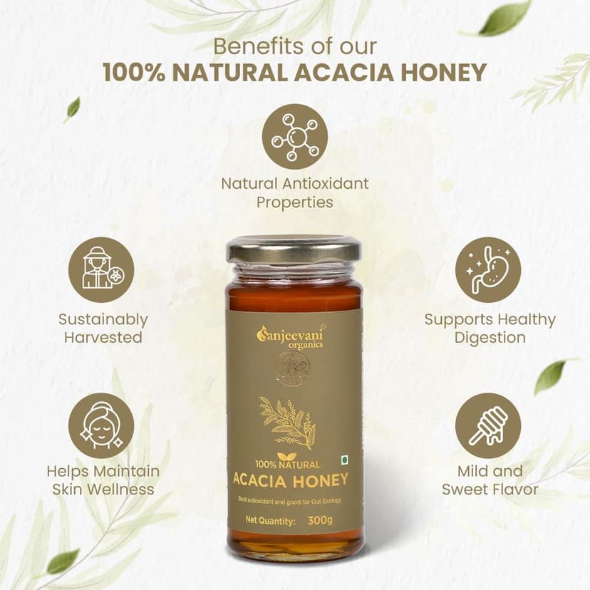 Sanjeevani Organics 100% Natural Acacia Honey 300g | Unpasteurized, Rich Flavor Multi-Floral Honey | No Preservatives, Glass Bottle view 9