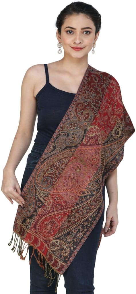 Scarlet-Back Reversible Jamawar Scarf from Amritsar with Woven Paisleys view 3