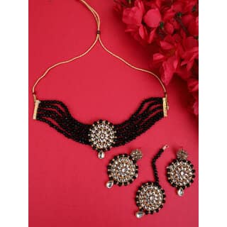 Black Crystal Kundan Full Length 4pc Bridal Choker Jewellery Set