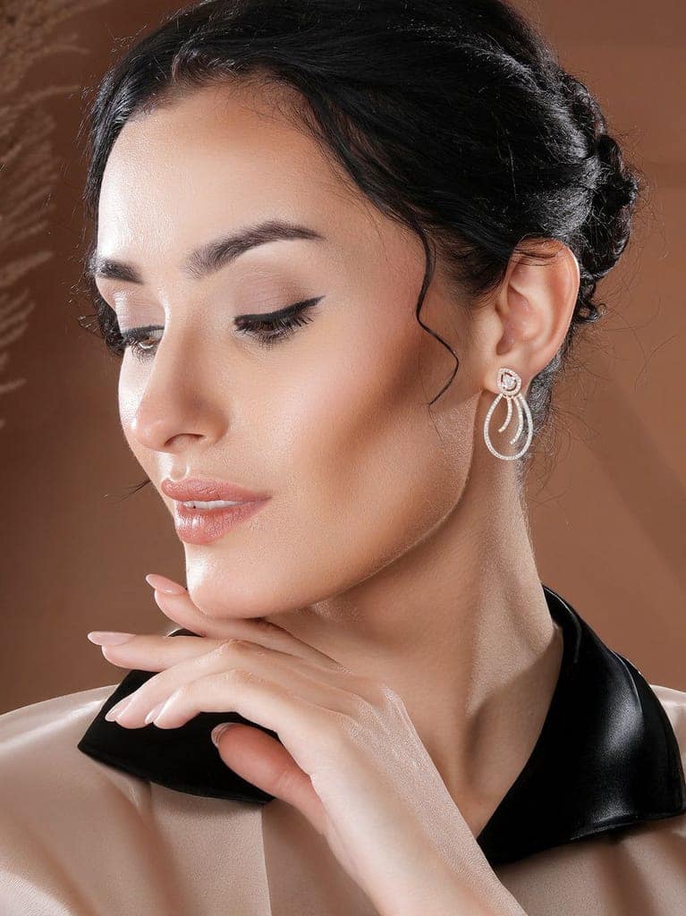 Rose Gold Plated AD Studded Pear Shaped Drop Earrings view 3