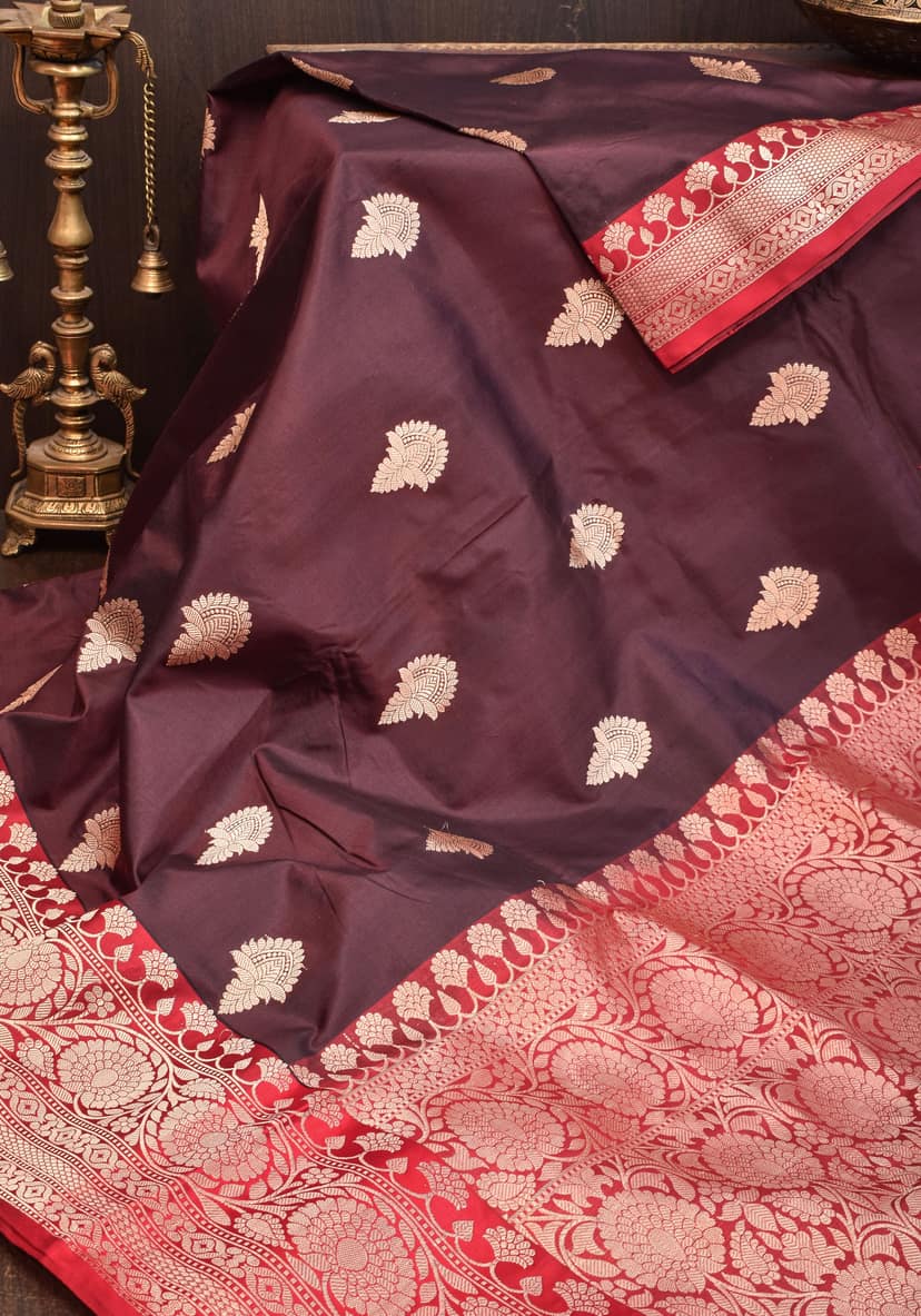 Maroon Banarasi Katan Silk Saree with Red Contrast Border |SILK MARK CERTIFIED view 2