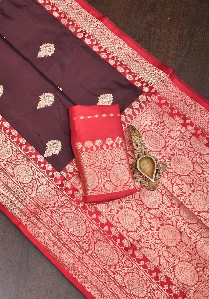 Maroon Banarasi Katan Silk Saree with Red Contrast Border |SILK MARK CERTIFIED view 7