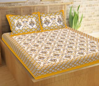 Lali Prints Jaipuri Yellow White Floral Cotton 130 TC Queen Bedsheet 2 Pillow Covers