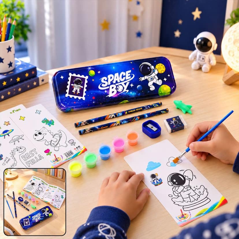 Kids Stationery Kit for School with Pencil Box, Paints and Colour Cards (1 Set) view 2