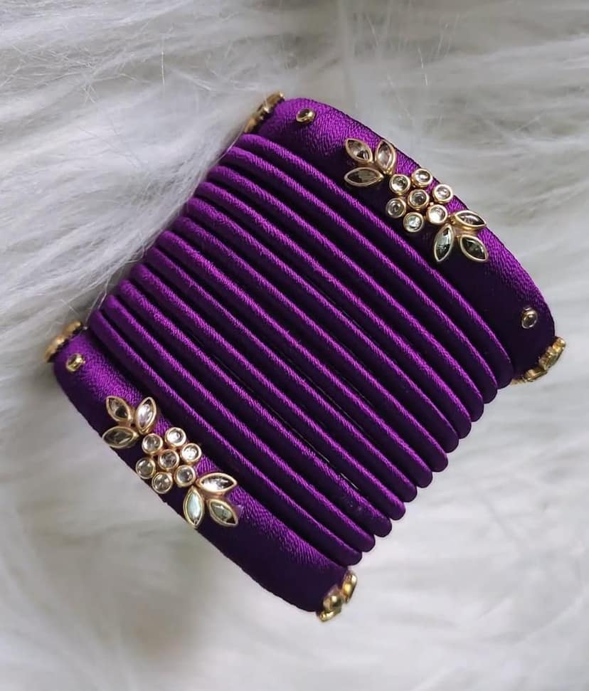 Purple Silk Thread Bangle Set with Stone Work - Set of 12