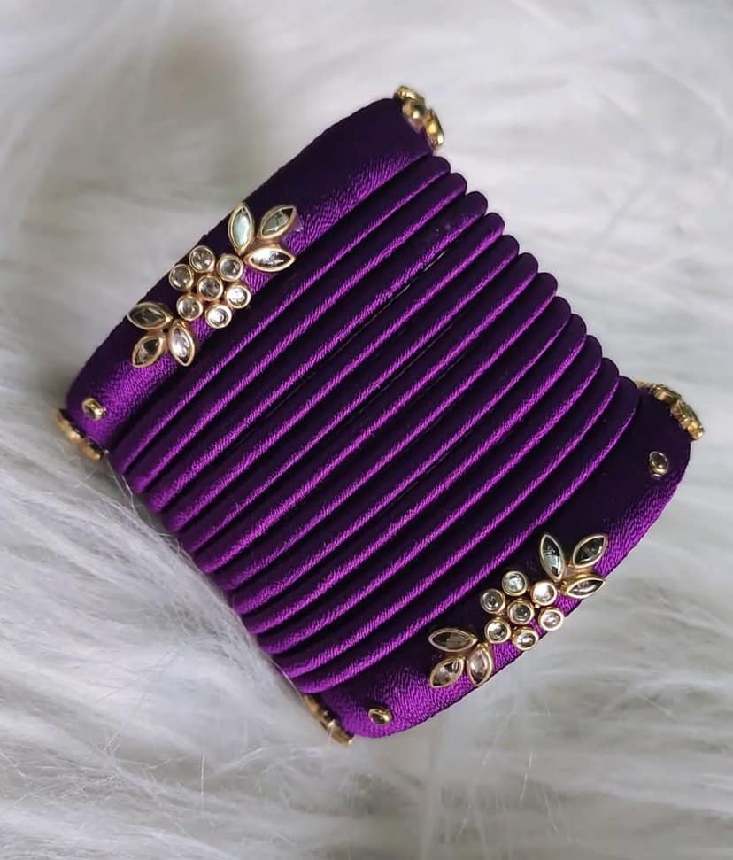 Purple Silk Thread Bangle Set with Stone Work - Set of 12 view 2