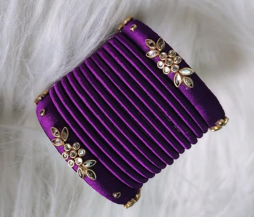 Purple Silk Thread Bangle Set with Stone Work - Set of 12 view 3