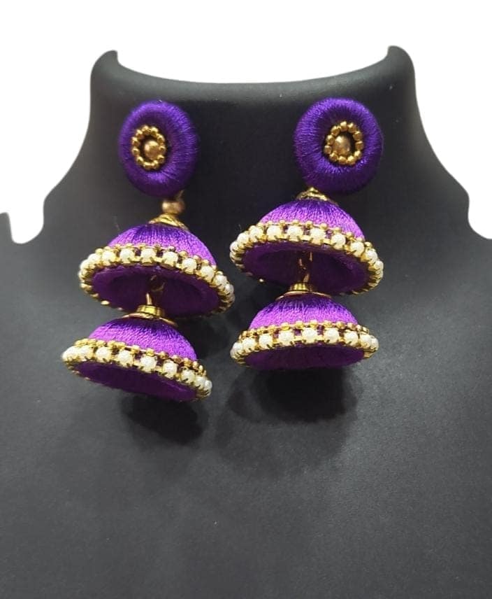 Title: Stunning Purple Silk Thread Jhumka Earrings with Pearl Accents for Women choice. view 2