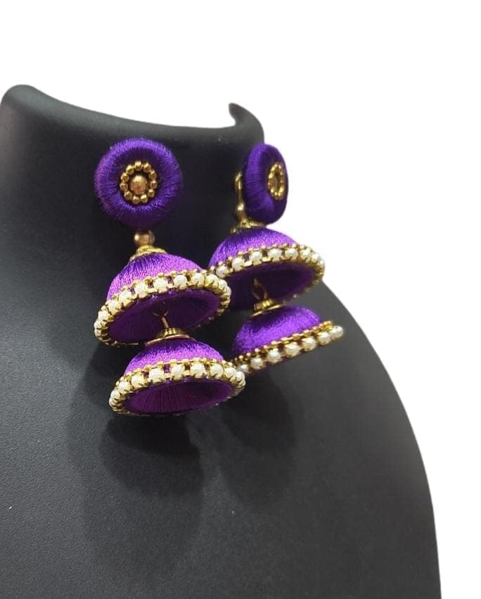Title: Stunning Purple Silk Thread Jhumka Earrings with Pearl Accents for Women choice. view 3