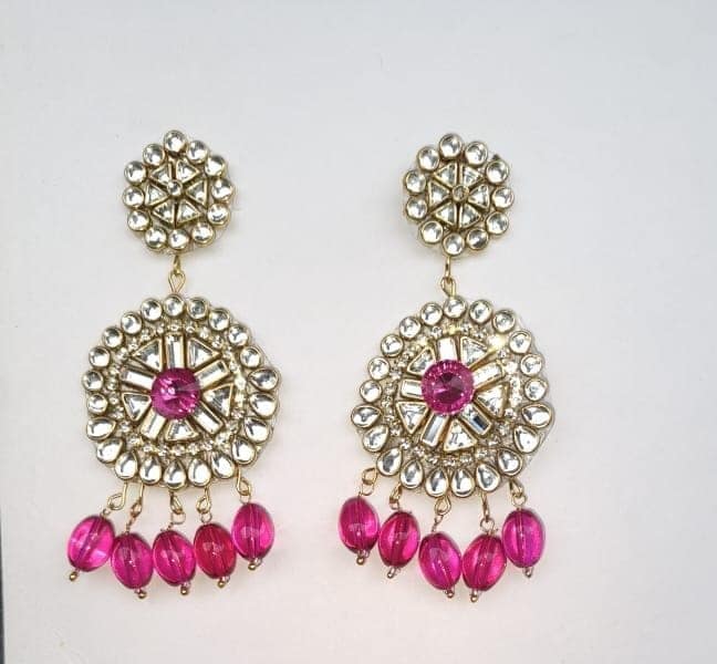 Exquisite Pink Kundan Chandbali Earrings with Beads for Women