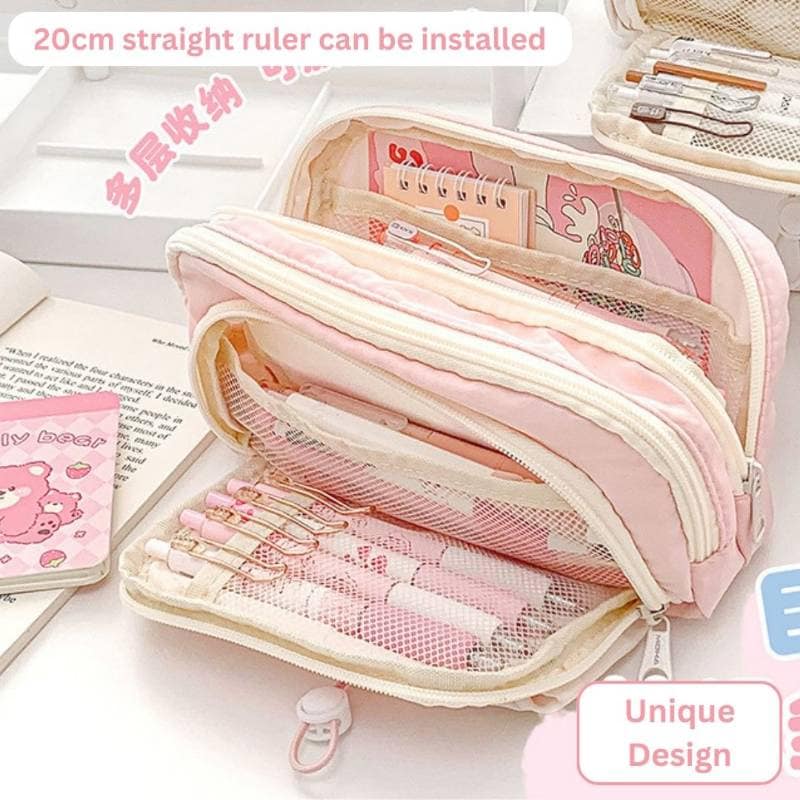 Multi-Layer Large Capacity Pencil Case (Pink, 23x10x13cm) | 5-Layer Storage | School & Office Organization view 2