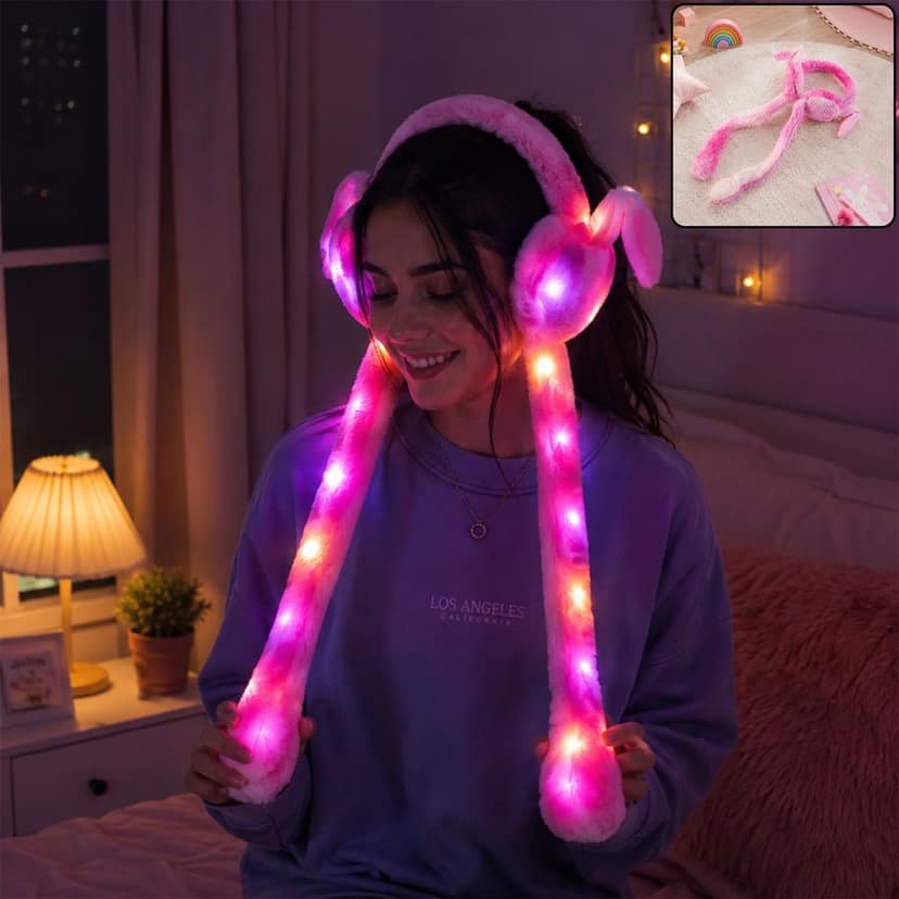 LED Light Soft Plush Winter Earmuffs with Cute Bunny Ears & Long Tails