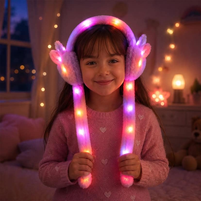 LED Light Soft Plush Winter Earmuffs with Cute Bunny Ears & Long Tails view 2