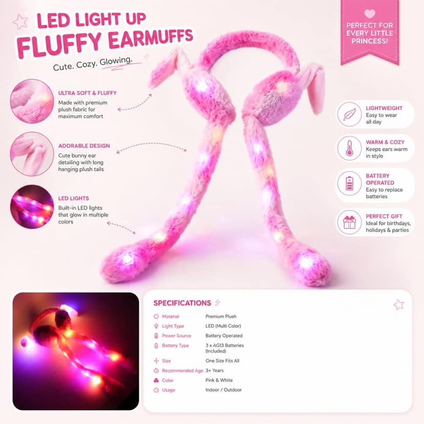 LED Light Soft Plush Winter Earmuffs with Cute Bunny Ears & Long Tails view 3