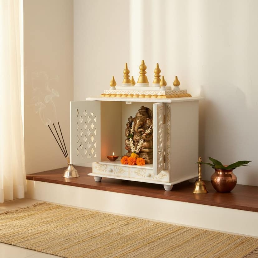 Wooden Painted Beautiful White Pooja Mandir | Wall Shop-Office Gifting Purpose view 2