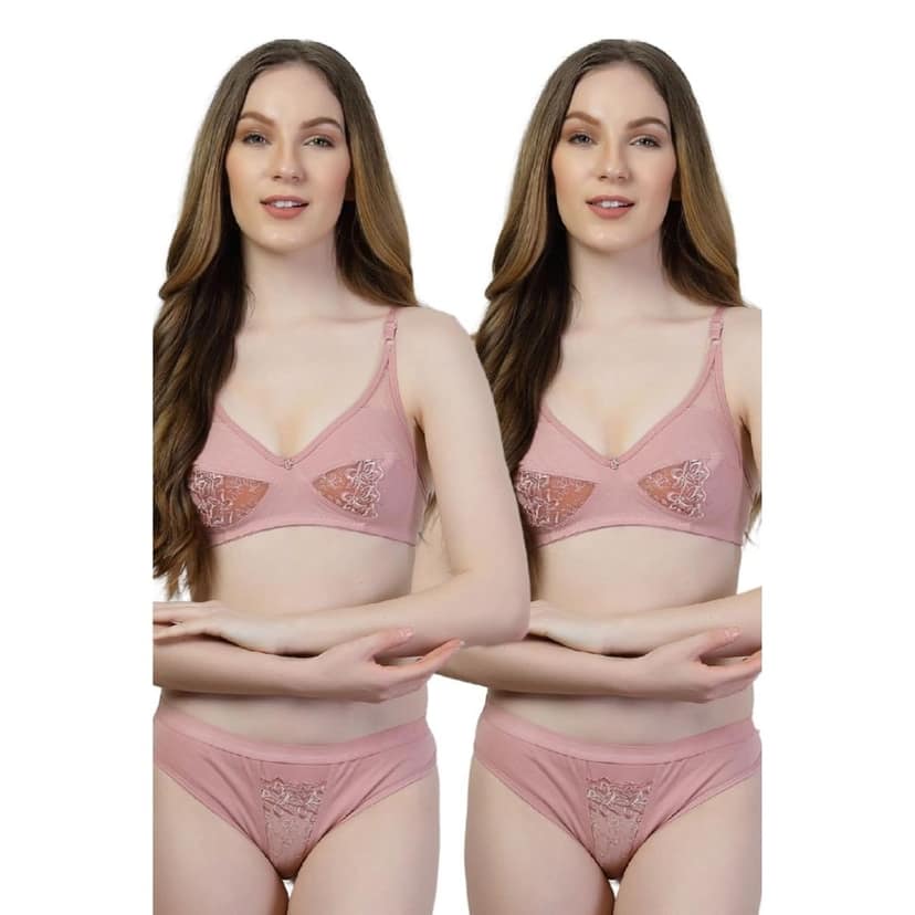 adornstar Women Cotton Lingerie Set with Solid Color Design | Non Wired and Non Padded Bra with Full Coverage Hipster Panty Set | Stylish and Soft Stretchable Fabric (Pack of 2)
