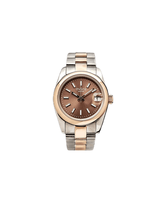 Qorum Evara Ladies Watch – Brown Dial, Date Display, Two-tone Rose Gold Plated Stainless Steel Strap
