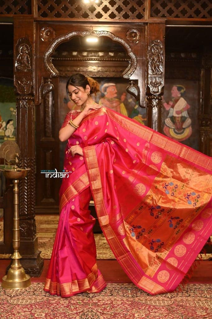 ROYAL WEAVE! Authentic Pure Silk Handloom Bestseller Royal Pink Maharani Paithani With Exclusive Maharani Pallu