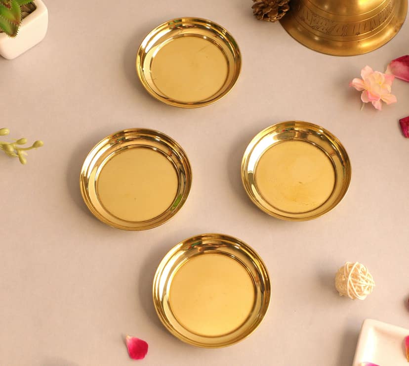 BulkySanta Brass Pooja Thali | Brass Pooja Plate Small (Size - 4" / 4 inches) (Set of 4 Plates)