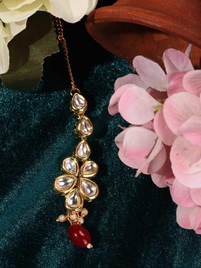 Gold Plated Kundan Studded Red Handcrafted Delicate Mangtika view 2