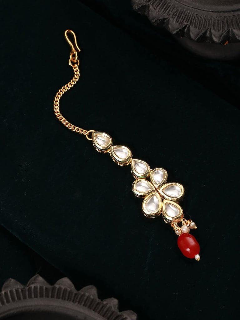 Gold Plated Kundan Studded Red Handcrafted Delicate Mangtika view 3