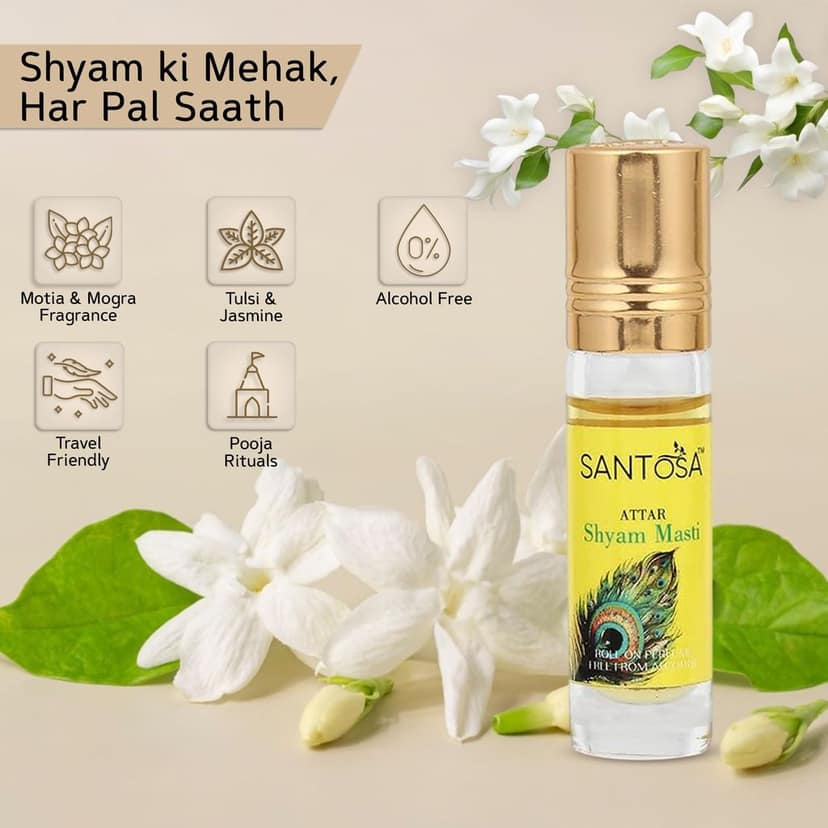 Santosa Chandan (Sandalwood) & Shyam Masti Attar Roll-On Perfume | 6ml Each | Alcohol-Free Itra/Ittar for Men & Women | Long-Lasting Traditional Scent for Daily Use & Pooja view 3