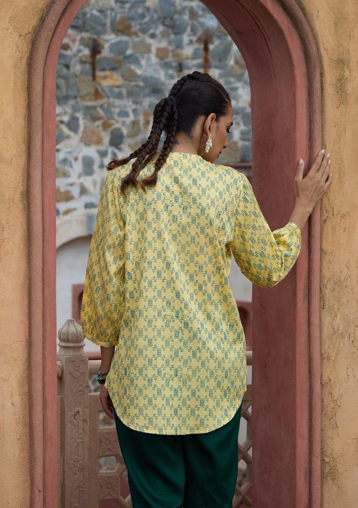 HOC Crafts Glazed Cotton Hand Block Printed Women's Short Kurta - Yellow view 6