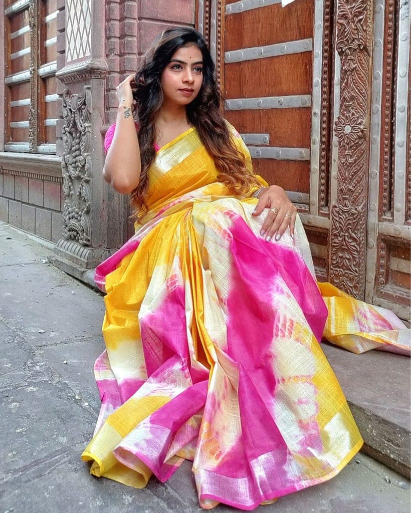 Cotton Linen Saree Yellow & Pink Color Shibori Hand Dyed with running blouse-1705 view 2