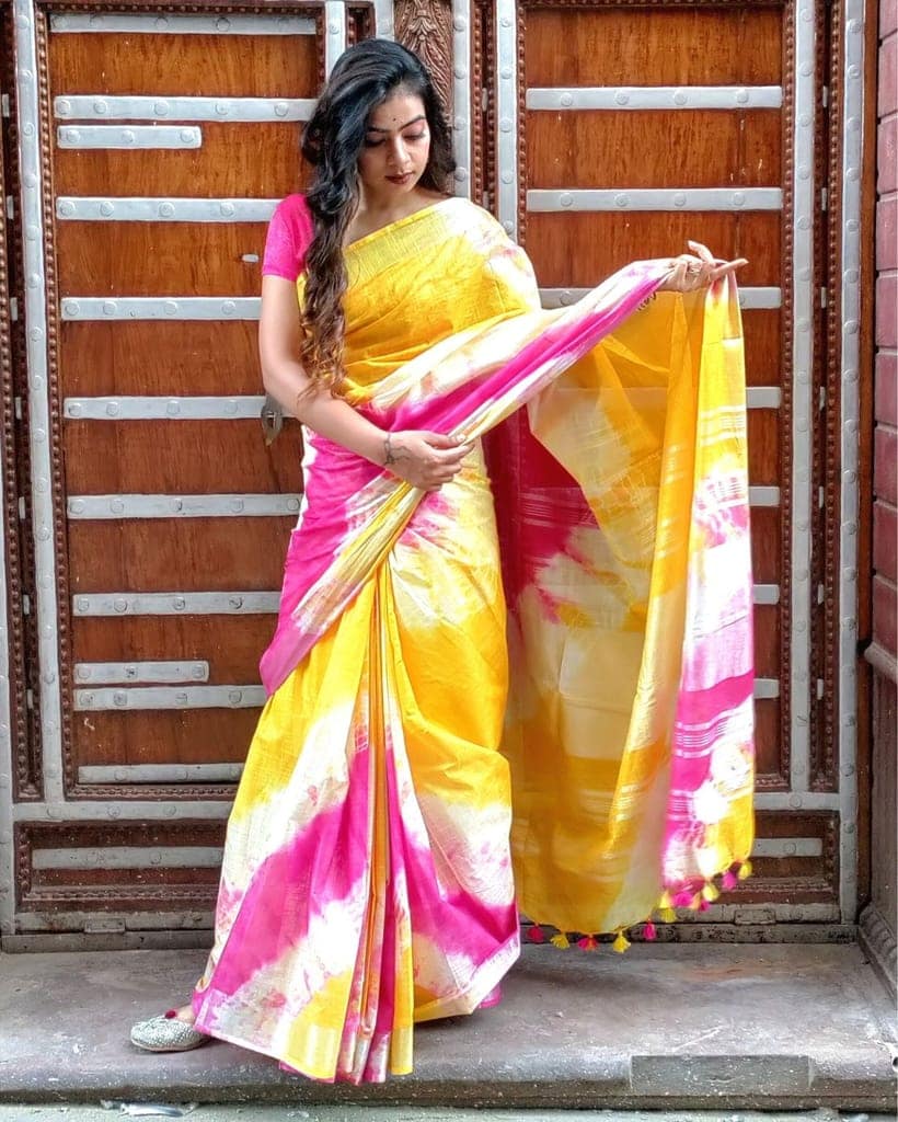 Cotton Linen Saree Yellow & Pink Color Shibori Hand Dyed with running blouse-1705 view 3