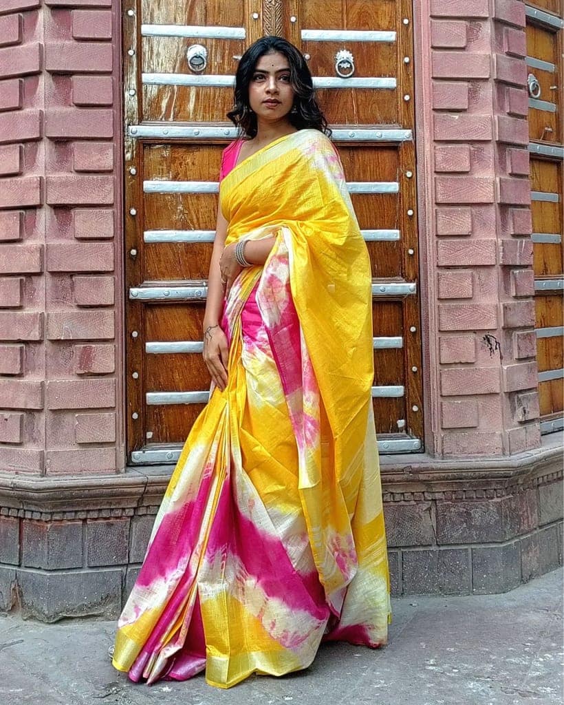 Cotton Linen Saree Yellow & Pink Color Shibori Hand Dyed with running blouse-1705 view 5