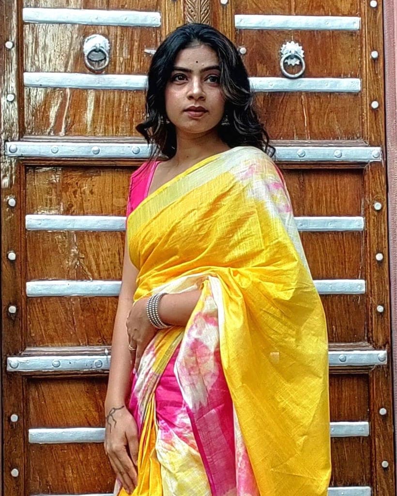 Cotton Linen Saree Yellow & Pink Color Shibori Hand Dyed with running blouse-1705 view 7