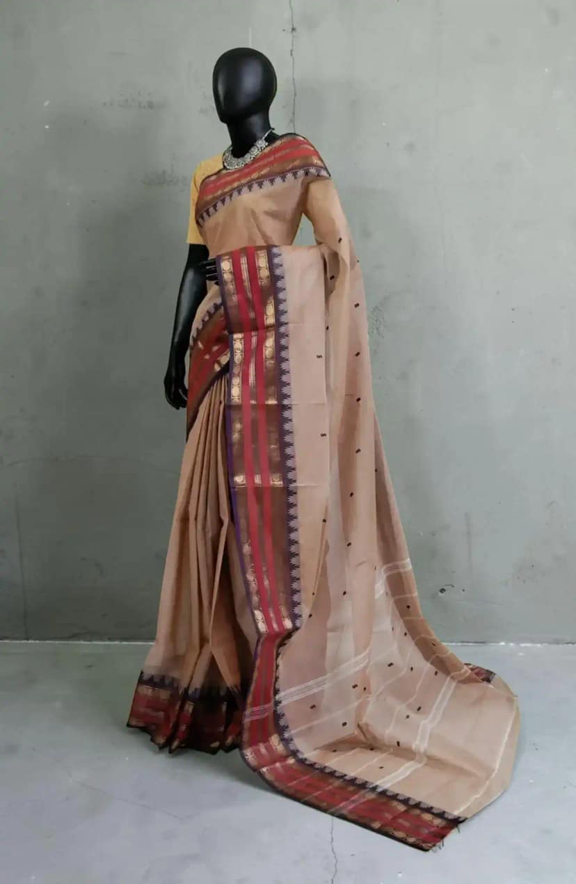 Handwoven Kanchipuram Cotton-Silk Saree in Beige with Blue Border view 2
