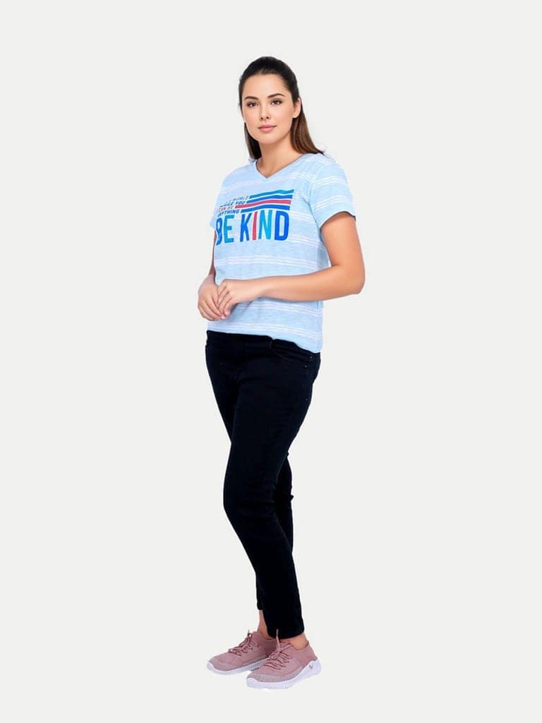 Women Light Blue Striped Half Sleeve V Neck Printed T-shirt view 2