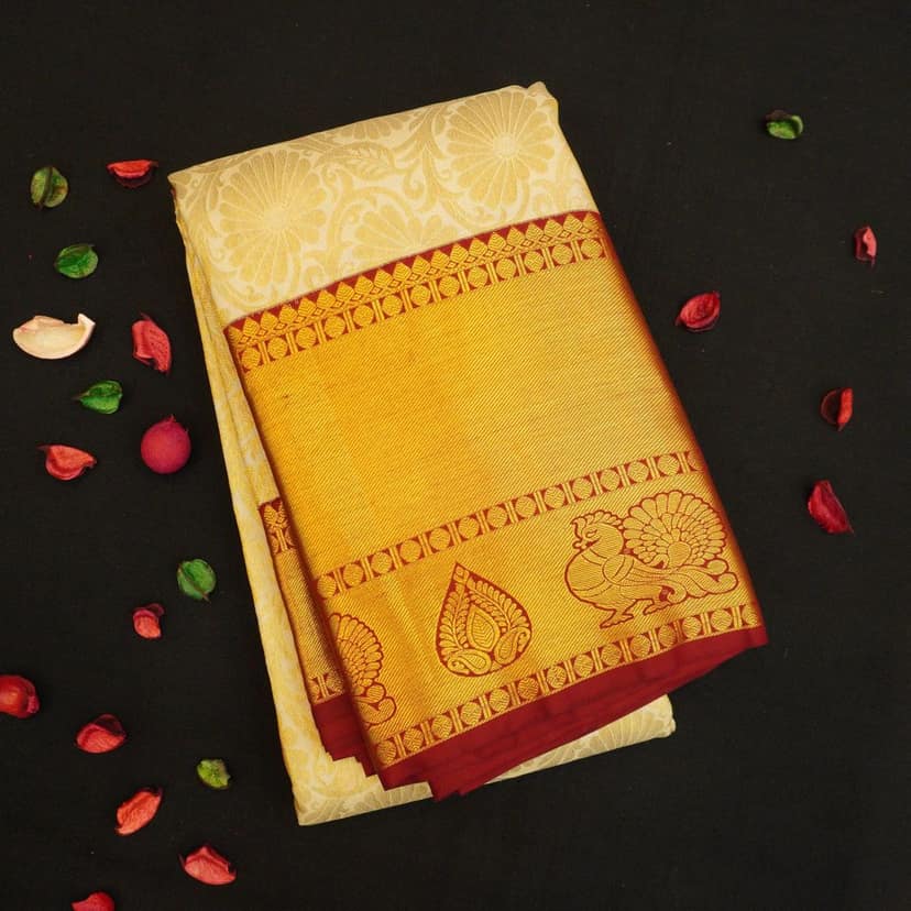 Exclusive Half White Bridal Kanjivaram Silk Saree with Maroon Border