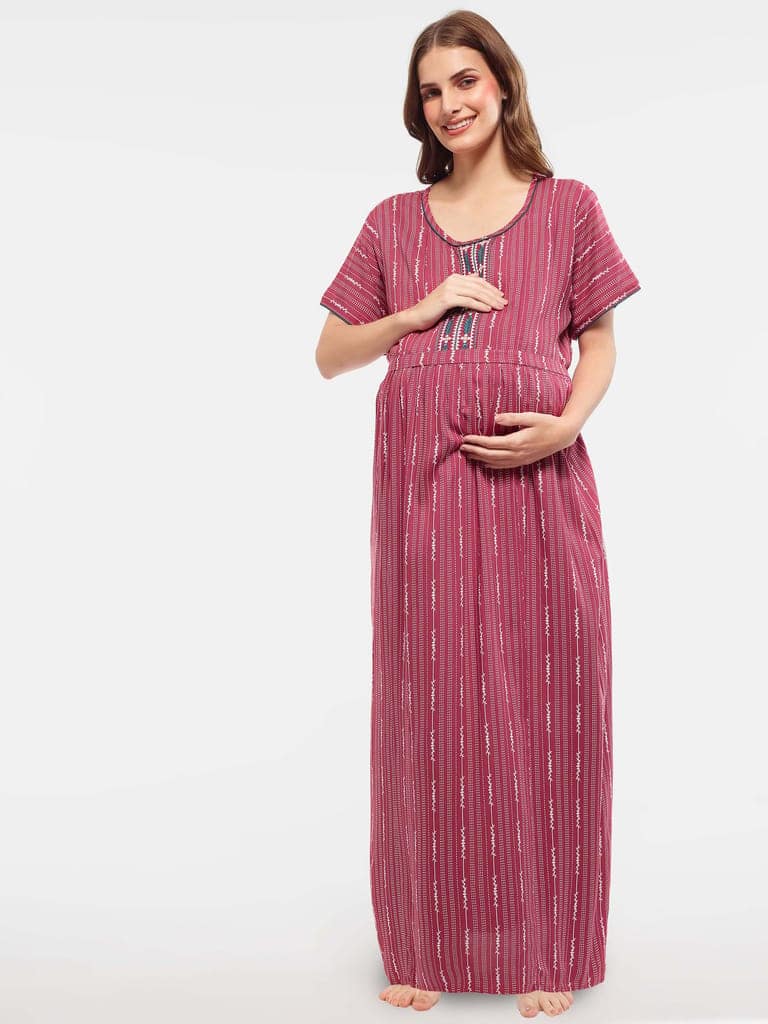 Zeyo Women Rayon Blue Stripes Print Maternity Feeding Nighty view 5