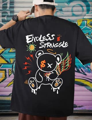 SCOTT FINCHER Men's Casual Short Sleeve T-Shirt with Bear Graphic and "Endless Struggle" Wording : AA(ARN)BLACK_213